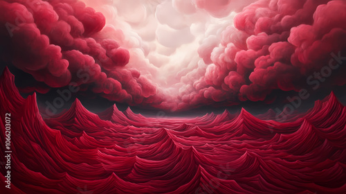 Vast panoramic fantasy cloudscape in ruby red colors, mesmerizing flowing ocean of surreal fabric folds stylized in renaissance inspired oil paint. Dreamscape. Illustration photo