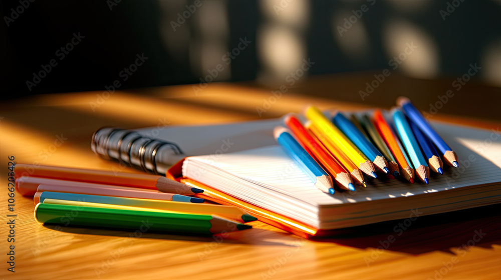 Colorful pencils and pens arranged beside notebook on wooden table, creating vibrant and creative workspace. warm light enhances cheerful atmosphere Colorful pencils and pens arranged beside notebook on wooden table, creating vibrant and creative workspace. warm light enhances cheerful atmosphere
