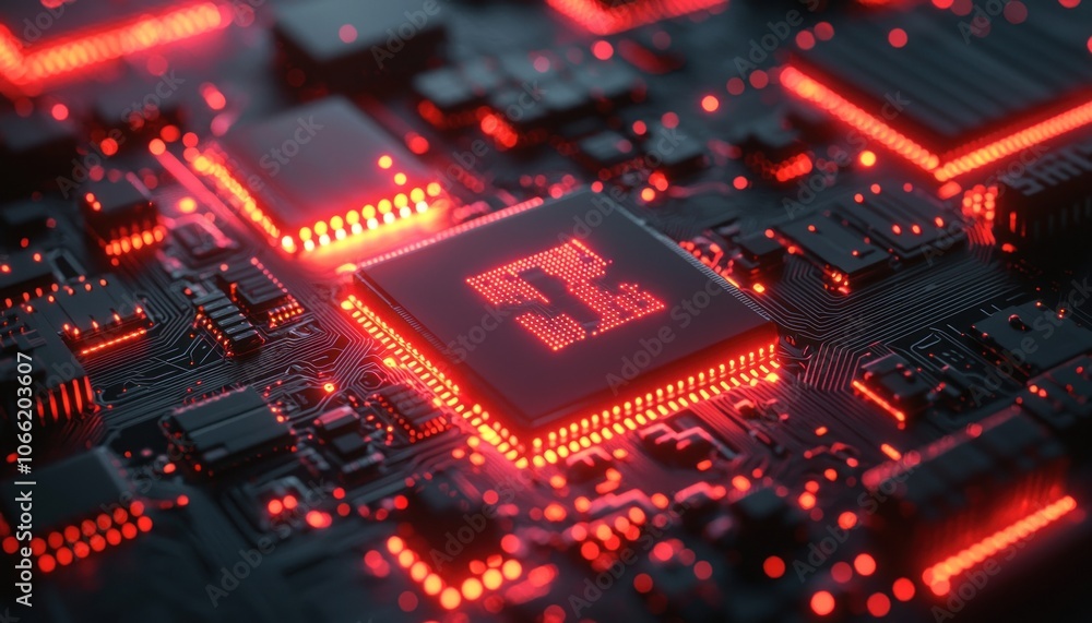 Red LED Lights Illuminating a Circuit Board with a Square Chip Red LED Lights Illuminating a Circuit Board with a Square Chip