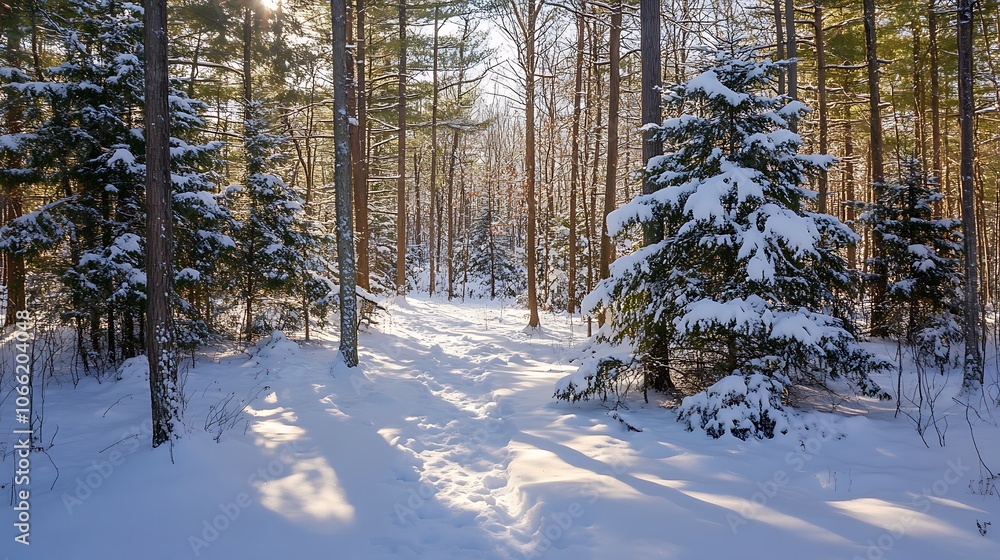 Naklejka premium Snow-covered forest with tall evergreen trees, their branches heavy with fresh snow; soft sunlight filters through, casting long shadows across the white forest floor 