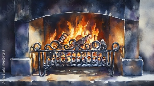 Watercolor Artistic using soft, brushy watercolor strokes, Single object picture - a wrought iron fireplace grate with gently glowing embers photo