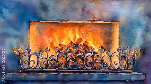 Watercolor Artistic using soft, brushy watercolor strokes, Single object picture - a wrought iron fireplace grate with gently glowing embers photo