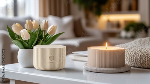 Two candles on a coffee table with white tulips in the background.