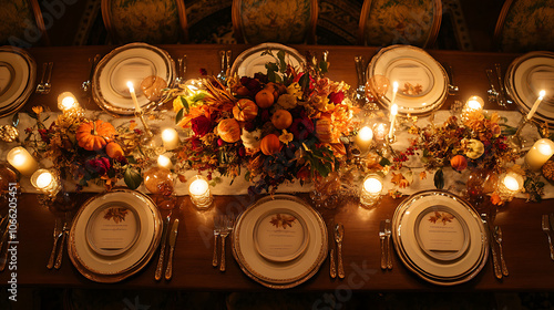 Wallpaper Mural • Thanksgiving dinner table with elegant place settings, fall-themed centerpieces, and warm candles, creating a cozy and festive atmosphere  Torontodigital.ca