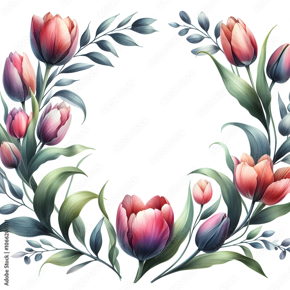 흰 배경, 튤립 프레임, 테두리, 수채화 (White background, Tulip frame, border, water colour) 흰 배경, 튤립 프레임, 테두리, 수채화 (White background, Tulip frame, border, water colour)