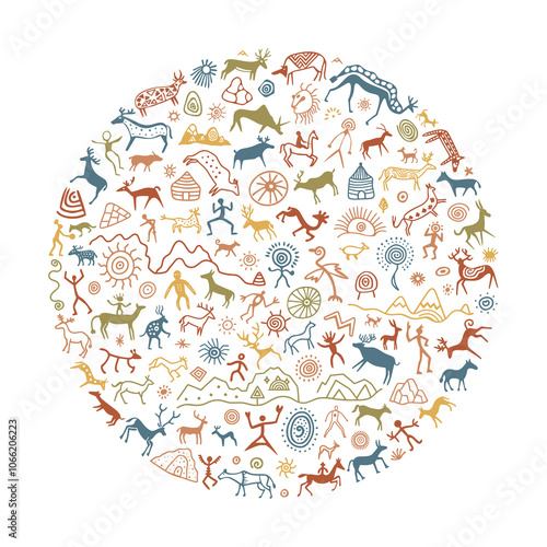 Vector round ethnic element, circular petroglyph pattern, rock paintings, naive art, vector design