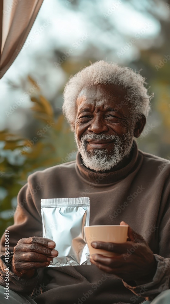 An elderly man holds a mockup pouch and a cup of tea while sitting comfortably on his porch An elderly man holds a mockup pouch and a cup of tea while sitting comfortably on his porch