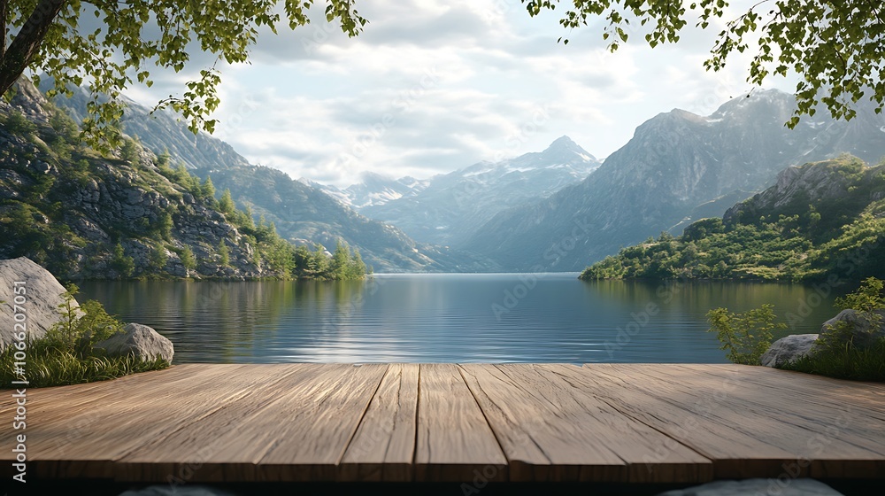 Wooden Deck Overlooking a Serene Mountain Lake Wooden Deck Overlooking a Serene Mountain Lake