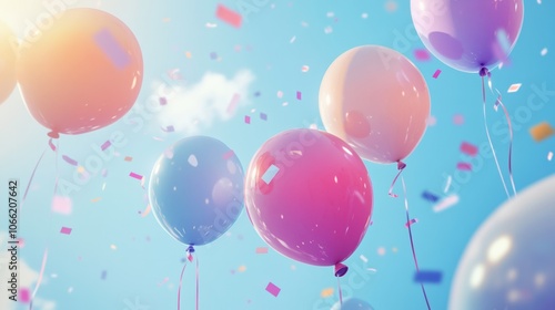 Brightly colored balloons and confetti contrast against the blue background.