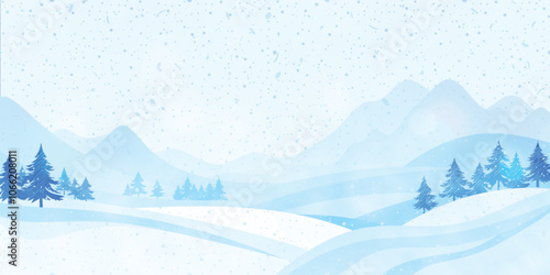 Winter landscape, mountains with forest in the fog, snowdrifts and snowfall, vector illustration