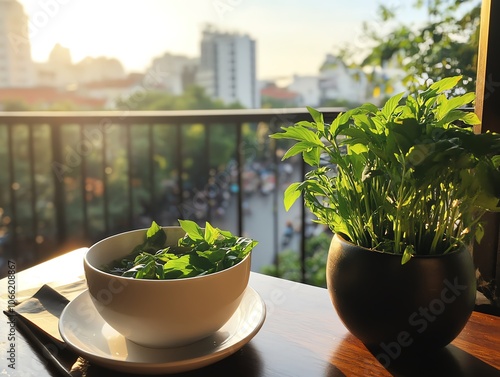 A bowl of hot pho with fresh herbs, enjoyed on a terrace overlooking Hanoi s bustling street market photo