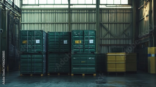 Large plastic containers and pallets are organized in an industrial factory warehouse mockup.  photo