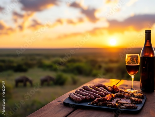 A platter of South African biltong and sausage, enjoyed at a camp overlooking a savanna landscape with wildlife