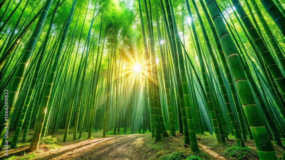 Fototapeta premium Sunlight Filtering Through a Verdant Bamboo Grove, Creating a Path of Golden Light