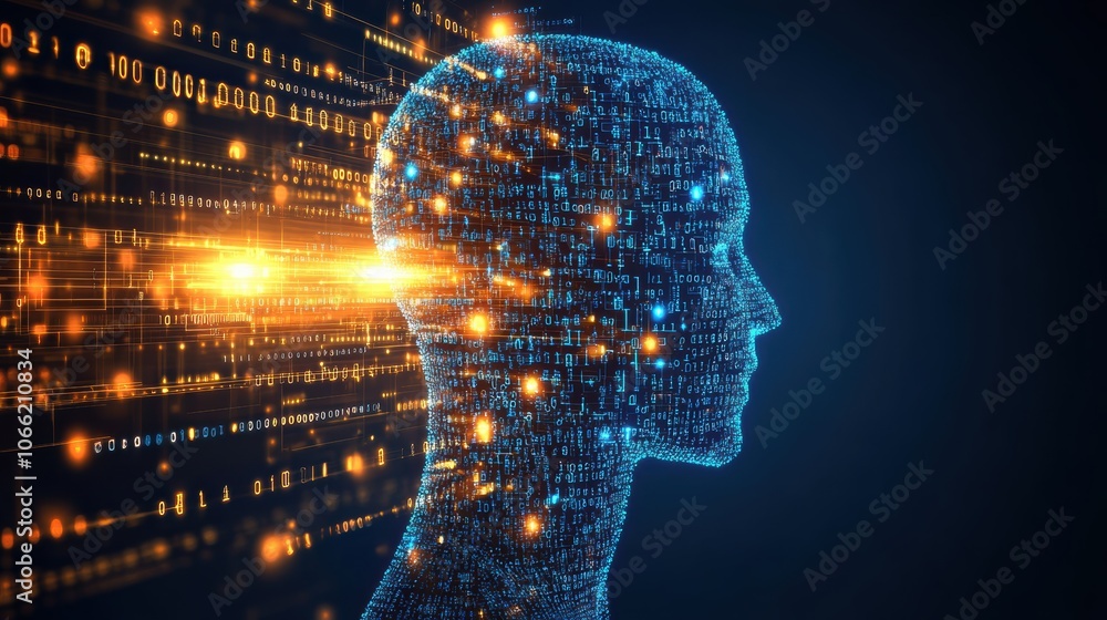 Digital Human Head Composed of Data and Lights, Symbolizing Artificial Intelligence, Machine Learning, Neural Networks, and the Convergence of Technology and Human-Like Cognitive Processing. Digital Human Head Composed of Data and Lights, Symbolizing Artificial Intelligence, Machine Learning, Neural Networks, and the Convergence of Technology and Human-Like Cognitive Processing.