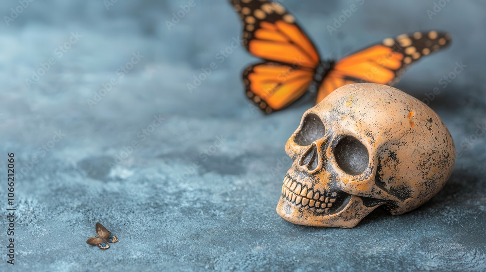 Obraz premium Day of the Dead Skull and Butterfly Still Life on Blue Background