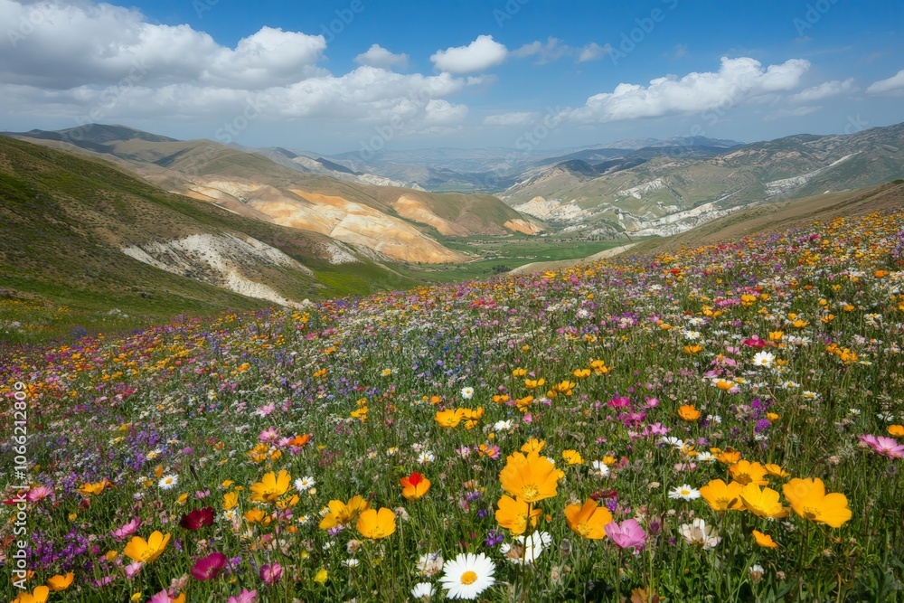 Obraz premium Vibrant Wildflower Meadow in a Mountain Valley.