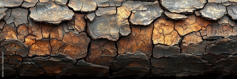 Fototapeta premium Close-Up of Cracked and Weathered Tree Bark with Deep Brown and Golden Hues