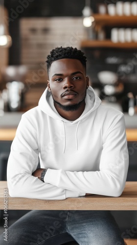 A young African American man in a casual hoodie rests his arms on a table in a trendy café