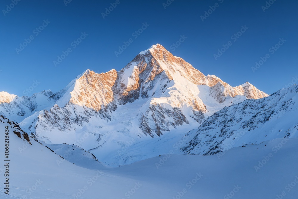 A majestic snow-capped mountain peak with a golden hue at sunrise. A majestic snow-capped mountain peak with a golden hue at sunrise.
