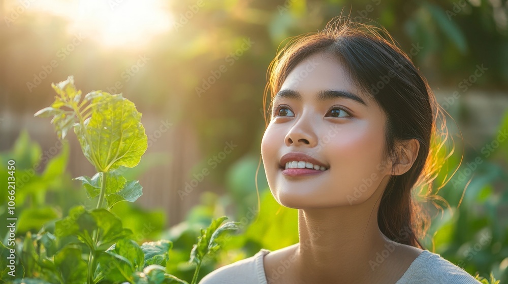 Serene Woman with Smile in Garden Setting Serene Woman with Smile in Garden Setting