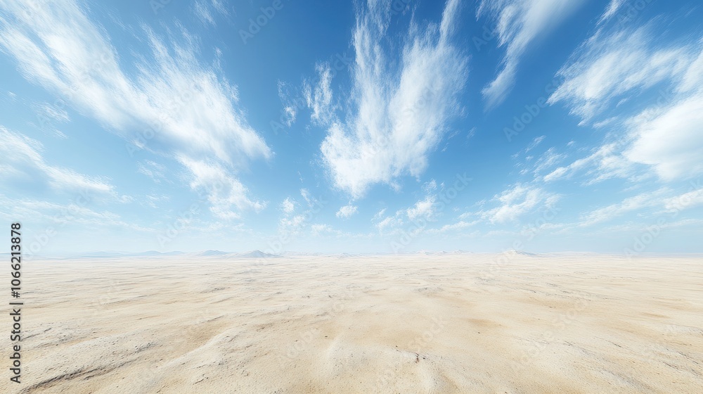 Vast, sandy desert landscape with a clear blue sky and white clouds. Vast, sandy desert landscape with a clear blue sky and white clouds.
