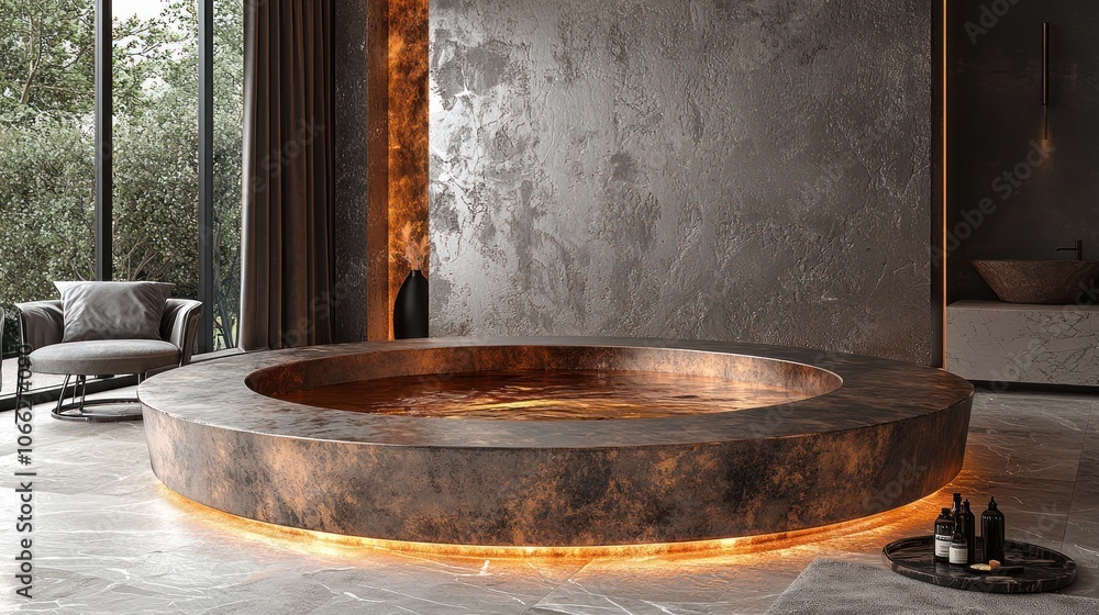 Fototapeta premium Modern Bathroom with Copper Bathtub and Illuminated Rim