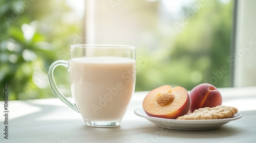 Lactic Acid Milk Drink in Clear Glass with Fresh Peaches and Plate of Cookies on Rustic White Table, photo