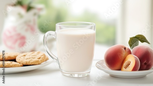 Lactic Acid Milk Drink in Clear Glass with Fresh Peaches and Plate of Cookies on Rustic White Table, photo