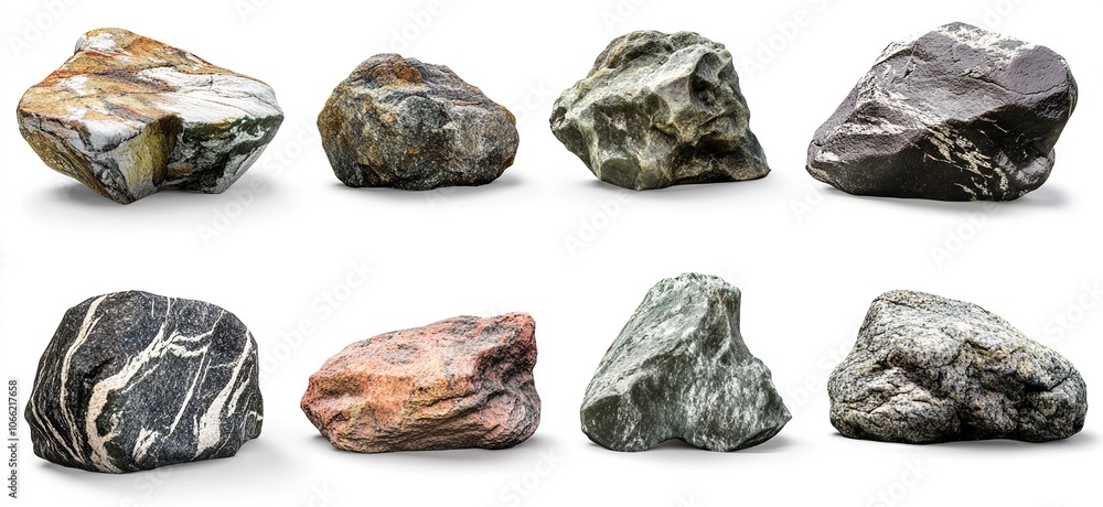 Eight smooth, colorful, and textured rocks isolated on white background. Eight smooth, colorful, and textured rocks isolated on white background.
