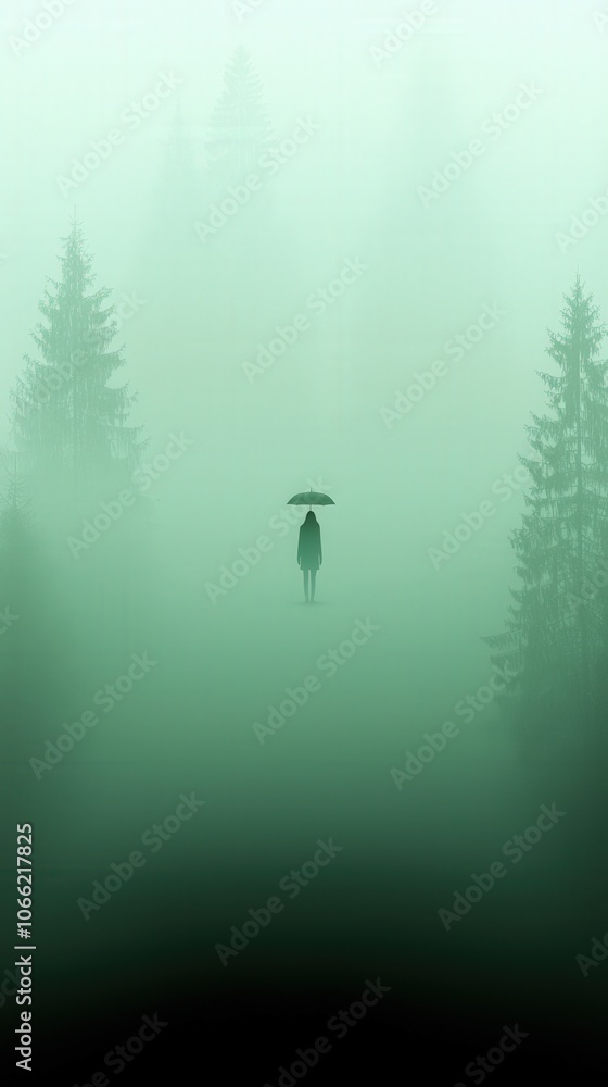 Naklejka premium Mysterious Woman with Umbrella in Foggy Forest Digital Art Illustration