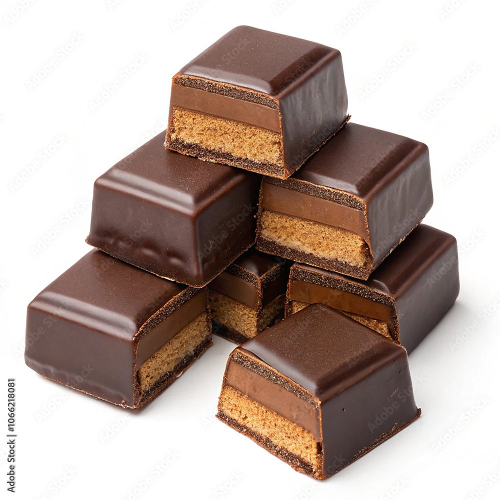 Chocolate thins with white cream filling isolated on white,Pile of chocolate square candies with cocoa filling isolated on a white background Chocolate thins with white cream filling isolated on white,Pile of chocolate square candies with cocoa filling isolated on a white background