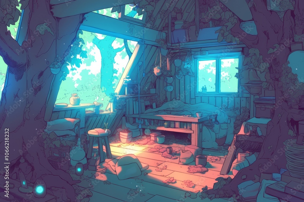 Treehouse with a small balcony and a telescope. Cozy vibe, Generative AI Treehouse with a small balcony and a telescope. Cozy vibe, Generative AI