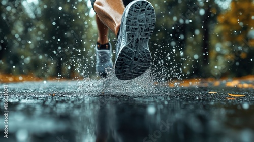 Runner splashing water on a wet surface in nature, dynamic outdoor activity. photo