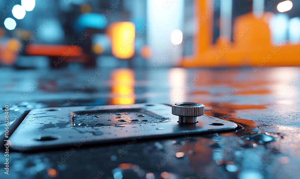 Close-up of a metal screw on a wet surface with blurred background of a factory. Close-up of a metal screw on a wet surface with blurred background of a factory.