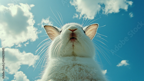White rabbit looking up at the cloudy sky