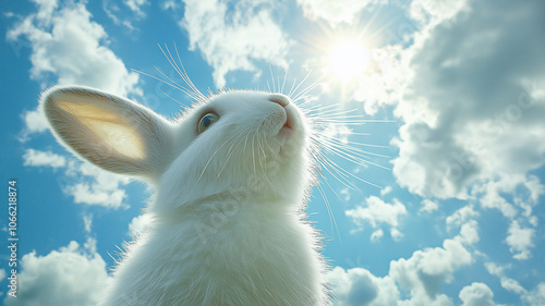 White rabbit enjoying sunlight in blue sky with clouds