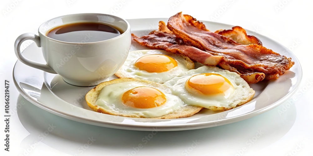 Breakfast meal with coffee cup, two eggs, and bacon on a white plate, morning, food, nutritious, delicious, brunch, breakfast, healthy Breakfast meal with coffee cup, two eggs, and bacon on a white plate, morning, food, nutritious, delicious, brunch, breakfast, healthy