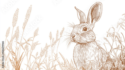 Curious rabbit hiding in the tall grass, a vintage wildlife illustration