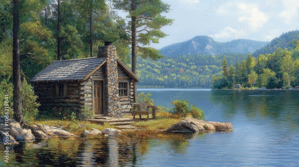 Fototapeta premium Rustic Cabin Retreat by Tranquil Lake with Mountain View