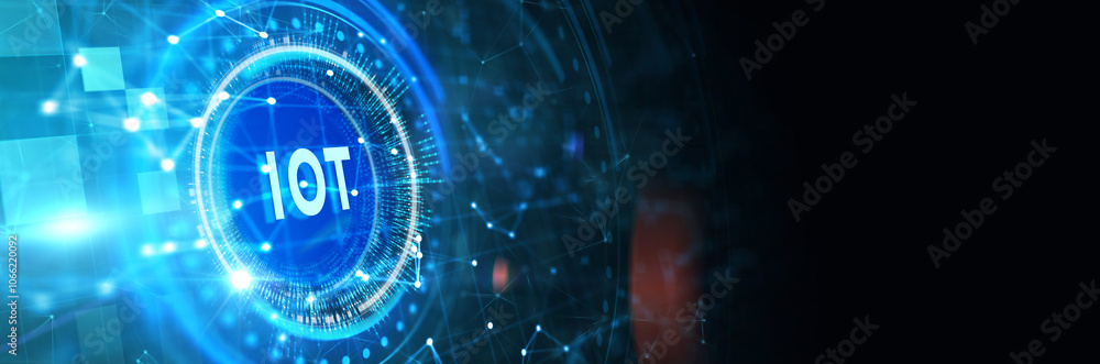 Obraz premium Internet of things - IOT concept. Businessman offer IOT products and solutions. The future of technology. Virtual screen of the future with the inscription: IOT. 3d illustration