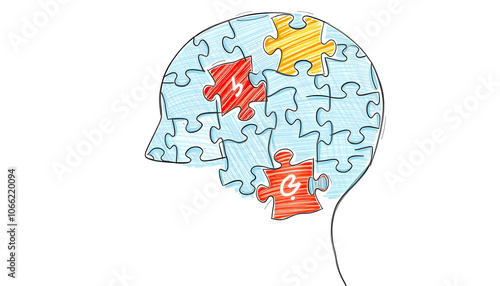 puzzles in head shape drawn by hand isolated with white highlights, png