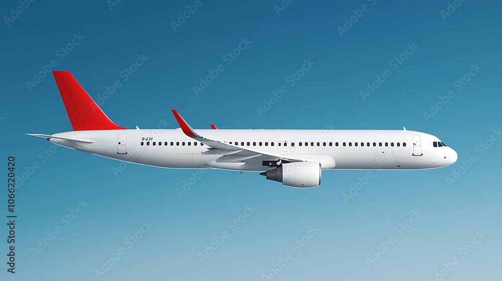 Obraz premium White passenger airplane with red tail flying in clear blue sky, side view, minimalist background, modern commercial jet mid-air, travel and aviation concept.