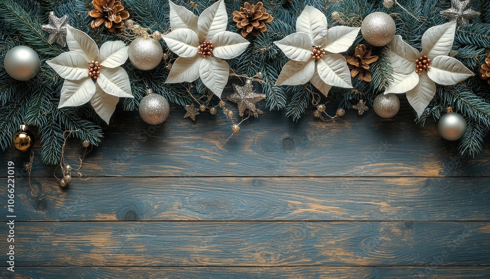 Obraz premium Festive Christmas Decorations on a Blue Wooden Background