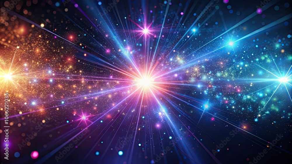 Fototapeta premium Abstract background with neon space particles and stars illuminating in a flash of light , illumination, neon, space