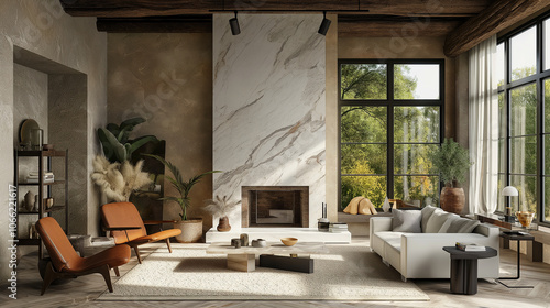 Living room with a marble fireplace, exposed wooden beams, and a mix of modern and rustic furniture for a balanced aesthetic. interior design 