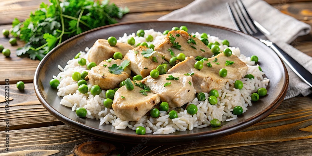 Φωτογραφία Chicken fricassee with basmati rice, wild rice, and buttered green peas on a pla