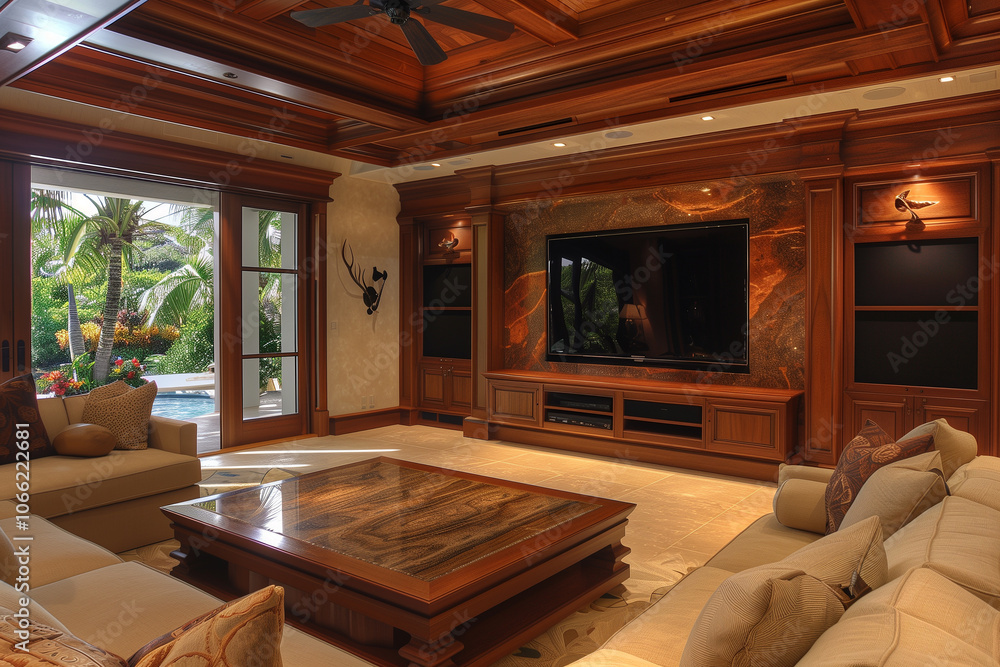 Fototapeta premium Living room with a marble TV wall, wood accents, and plush seating, providing a high-end, comfortable setting. home interior 