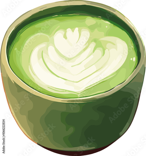 Delicate latte art on vibrant green matcha tea cartoon isolated on transparent background.. Vector illustration.