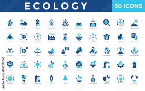 Ecology icon set with burning house, eco truck, eco battery, ecology environment, save the tree, ecology education, ecology funding, ecology research, recycle icon. Simple flat vector 
